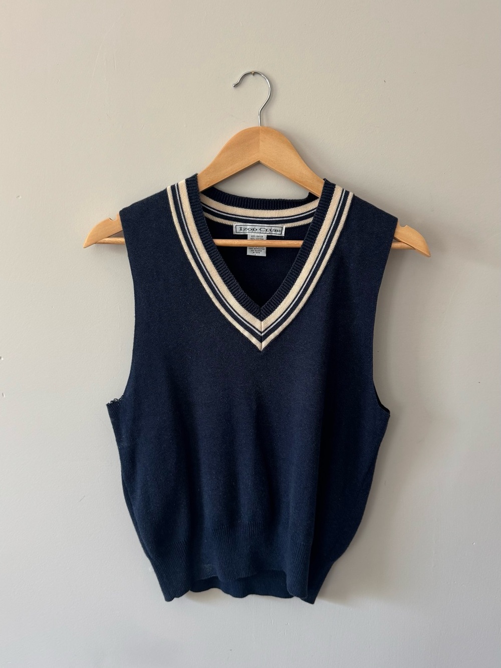 Navy V-Neck Sleeveless Sweater Vest with Cream Stripe, Medium